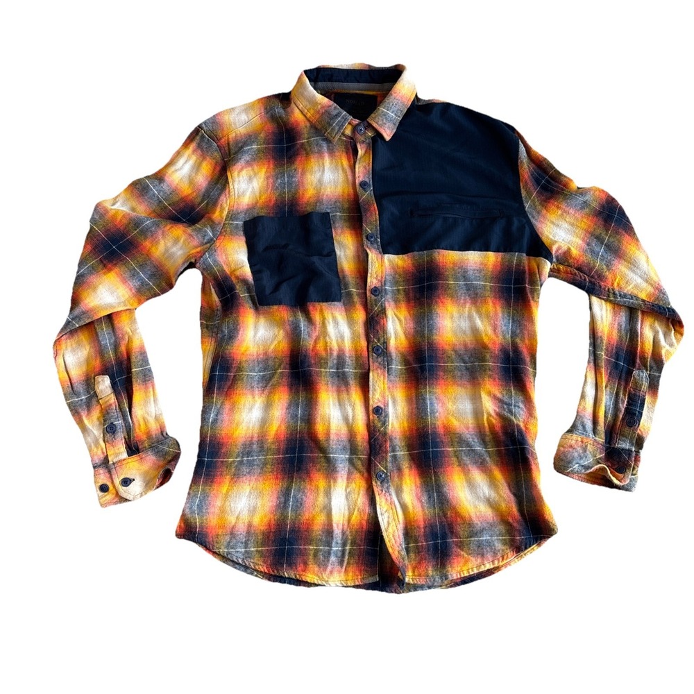 Nomad Ricky902 Mens Large Plaid Flannel Shirt Navy Rust Yellow Ripstop Block L